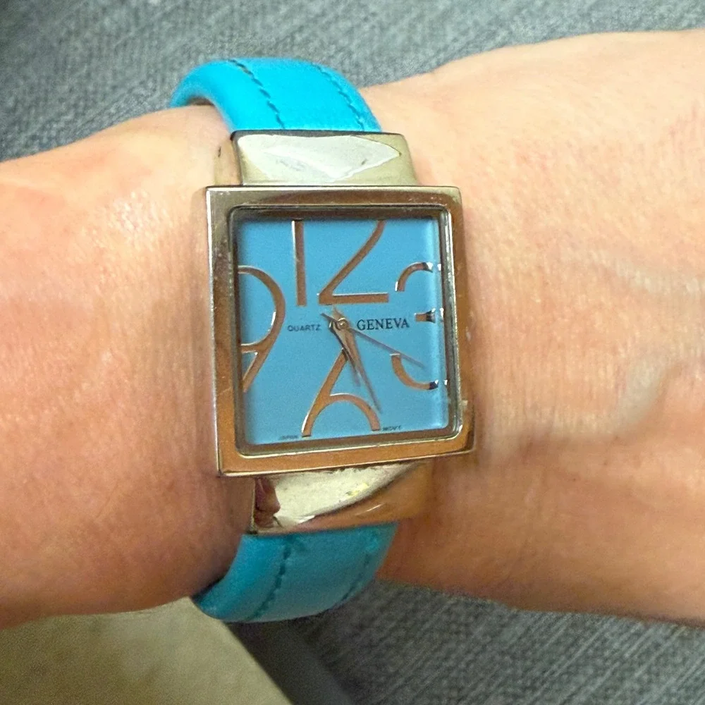 Geneva Quartz Watch Square Turquoise Blue Dial Silver Tone Cuff Bangle Works
